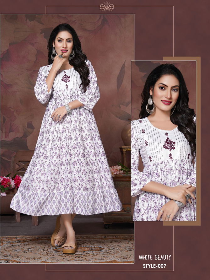 Trendy White Beauty 01 Printed Anarkali Kurtis Catalog
